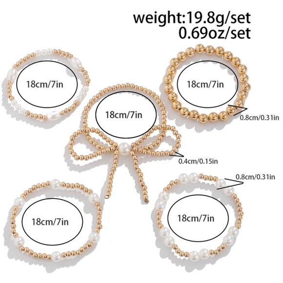 B262 Gold Bow Knot Pearl Beaded Multi Layered Bracelet Set - Picture 4 of 5